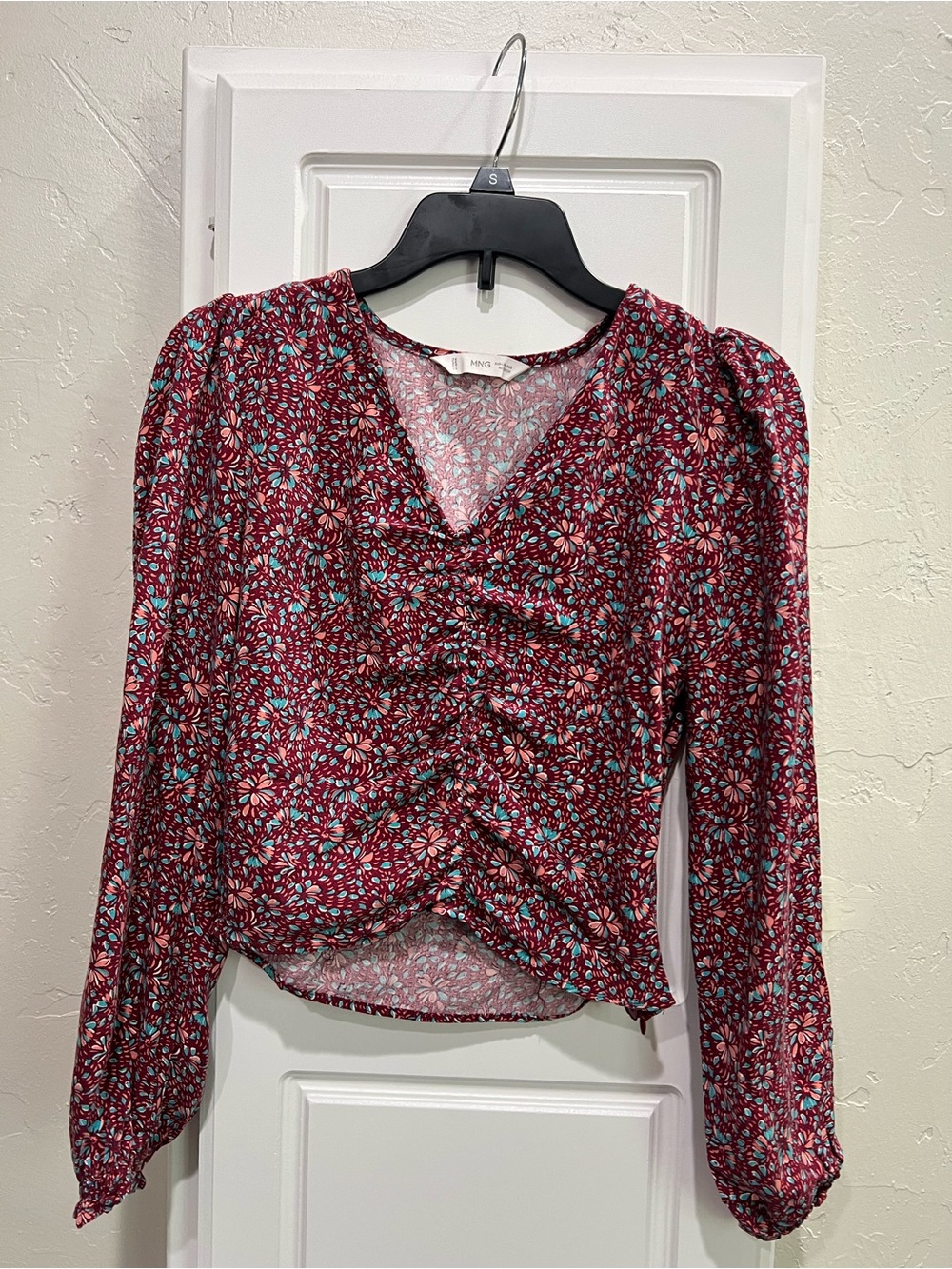 Mango Burgundy Floral Ruched V-Neck Blouse